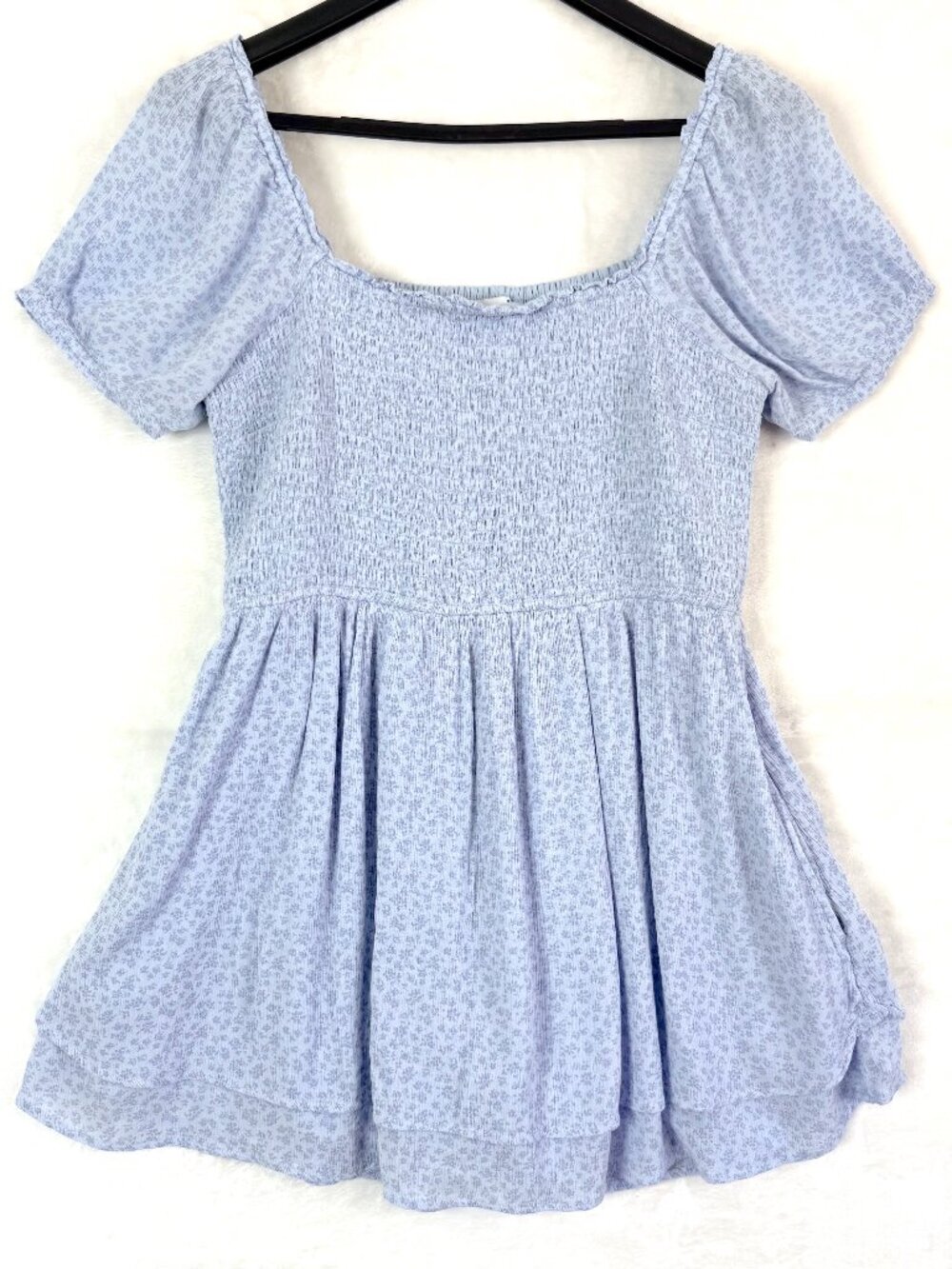 HOLLISTER Floral Coquette Milkmaid Babydoll Flowy Smocked Puff Mini Dress L